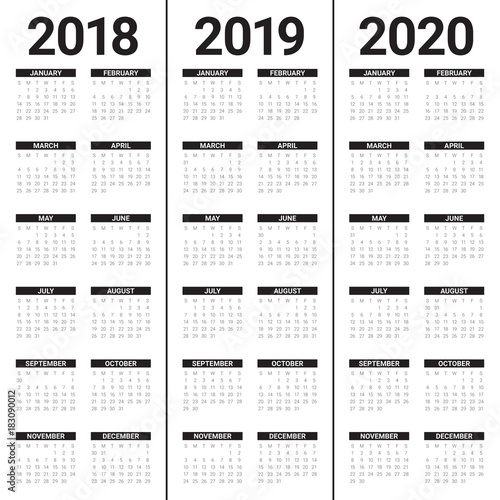 Year 2018 2019 2020 calendar vector