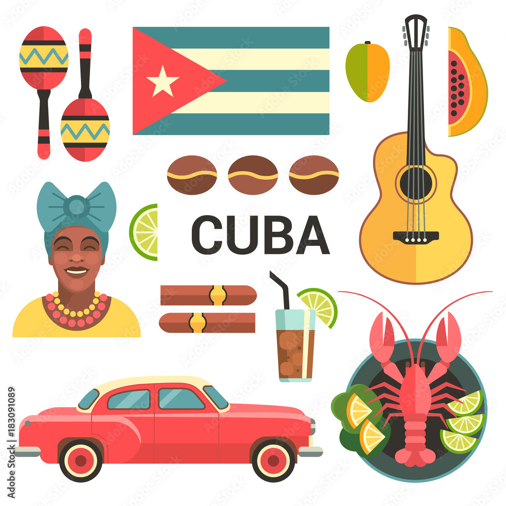 Vecteur Stock Cuba poster. Vector icons collection of Cuban culture and  food, including maracas, guitar, retro car, papaya, the dish with lobster  and portrait of Cuban Woman in trendy flat style.