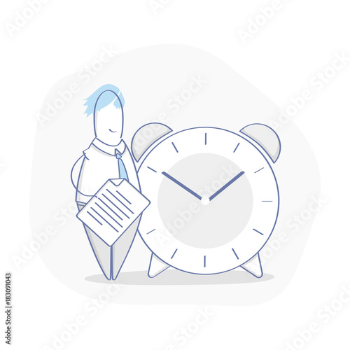 Business concept of Time Management. The manager is standing and waiting with the documents near the alarm clock. Deadline, Countdown. Premium Quality vector UI illustration for web and mobile design.