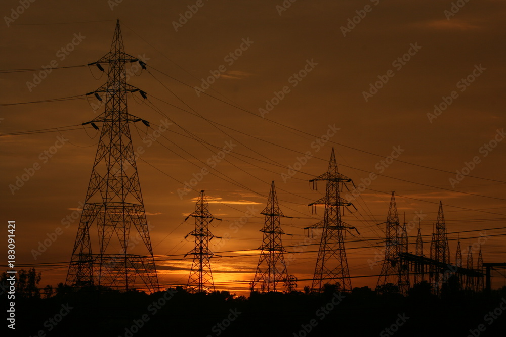 Sun Rise Electrical Transmission Wires Power  