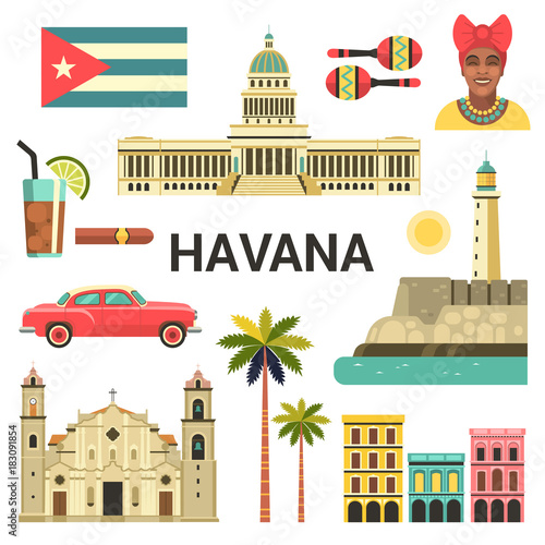 Havana poster. Vector icons collection of Cuban culture and attractions, including retro car, portrait of Cuban Woman, Cathedral and National Capitol Building in trendy flat style.