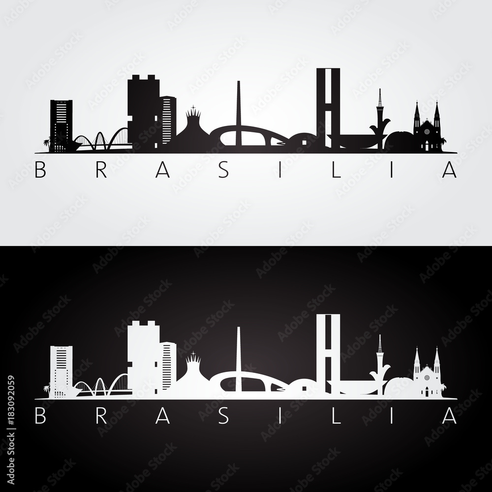 Brasilia skyline and landmarks silhouette, black and white design, vector illustration.