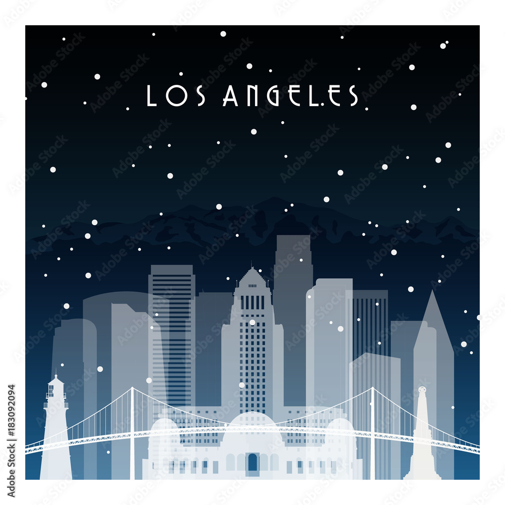 Winter night in Los Angeles. Night city in flat style for banner, poster, illustration, background.