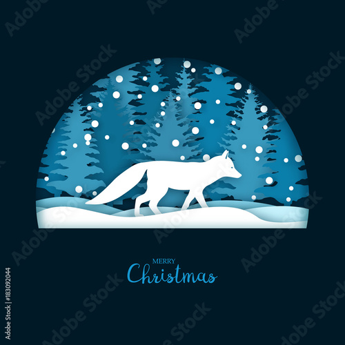 Christmas card with a running white fox in the forest. Greeting card template in paper cut craft style. Vector illustration.