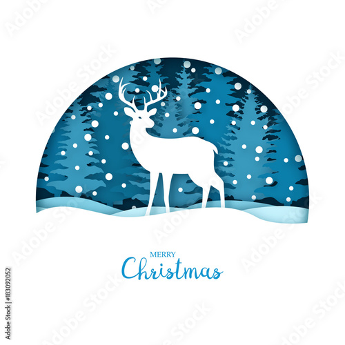 Merry Christmas card. White deer in the snow forest. Greeting card template in paper cut craft style. Origami concept. Vector illustration.