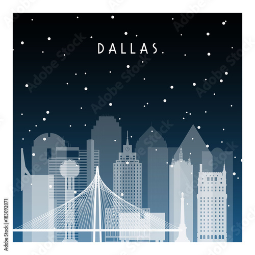 Winter night in Dallas. Night city in flat style for banner, poster, illustration, background.