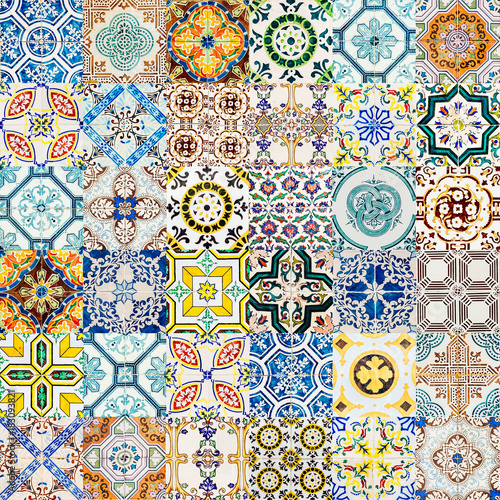 Collage Of Decorative Ceramic Wall Texture Pattern In Lisbon, Portugal