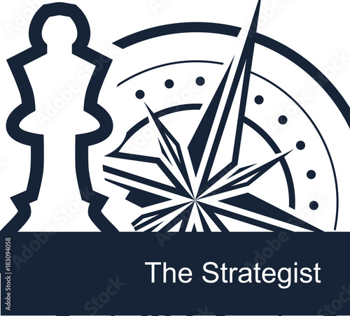 The Strategist on white background - vector simple flat template for web or presentation. The chess queen symbolizes the strategist's plans, and the compass indicates the route