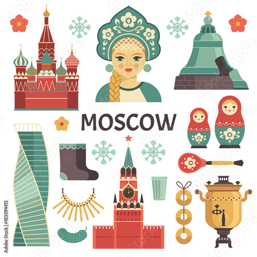 Moscow icons set. Vector collection of Russian culture and attractions images, including St. Basil's Cathedral, russian doll, Kremlin, samovar, Russian beauty in kokoshnik. Isolated on white.