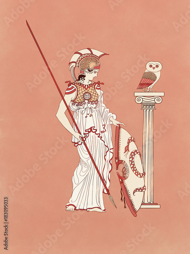 Athena, goddess and Athens protector as warrior armed with shield, spear, chest and feather helmet beside an owl - Inspired on ancient classic greek pottery and ceramics red-figure drawings