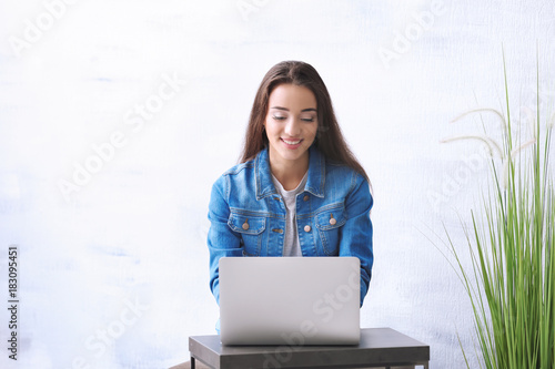 Young woman using laptop wh...