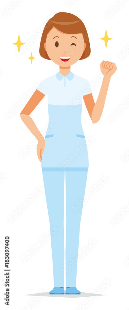 A female nurse wearing a white uniform is raising his fist A female nurse wearing a white uniform is raising his fist