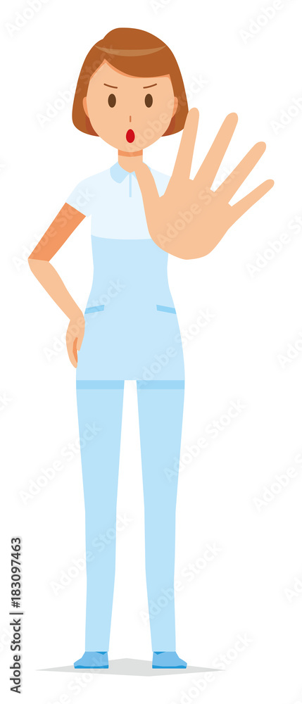 A female nurse wearing a white uniform is giving out his hand A female nurse wearing a white uniform is giving out his hand