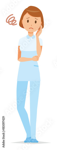 A woman nurse wearing a white uniform is in trouble