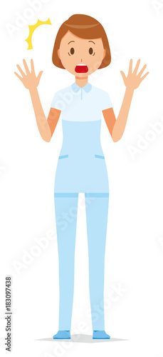 A woman nurse wearing a white uniform is surprised