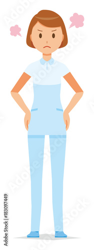 A female nurse wearing a white uniform is angry