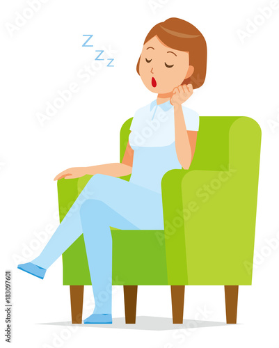A woman nurse wearing a white uniform is sitting on a sofa and falling asleep