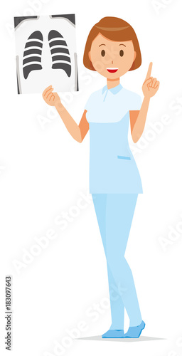 A female nurse wearing a white uniform has an X-ray picture