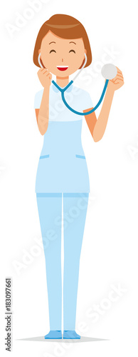 A female nurse wearing a white uniform has a stethoscope