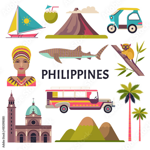Philippines icons set. Vector collection of Philippine culture and nature images, including Fort Santiago, portrait of a woman, tricycle, jeepney and a whale shark. Isolated on white.