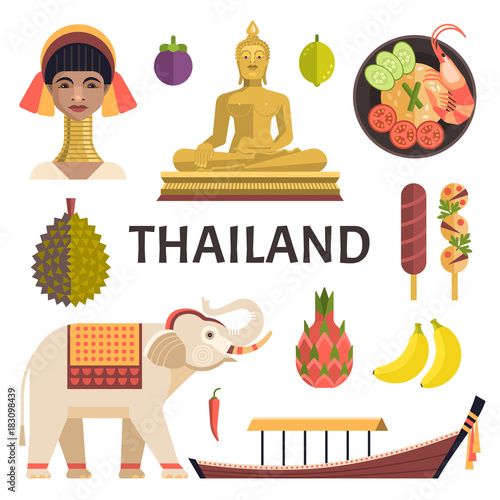 Thailand icons collection. Vector illustration of objects of Thai culture, food and fruit in trendy flat style, isolated on white.