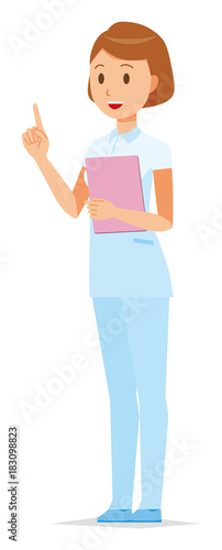 A female nurse wearing a white uniform is pointing with a file