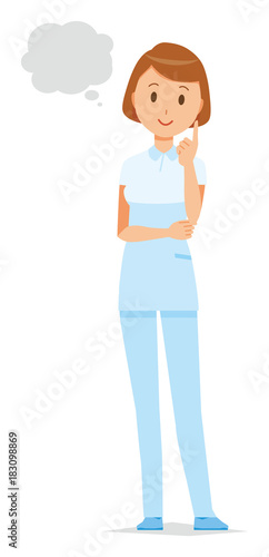A female nurse wearing a white uniform thinks
