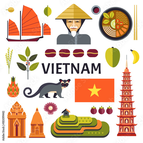 Vector icons collection of Vietnamese culture, food and nature, including Portrait of Vietnamese, soup pho, Cham towers and rice plantations and civet cat in trendy flat style.