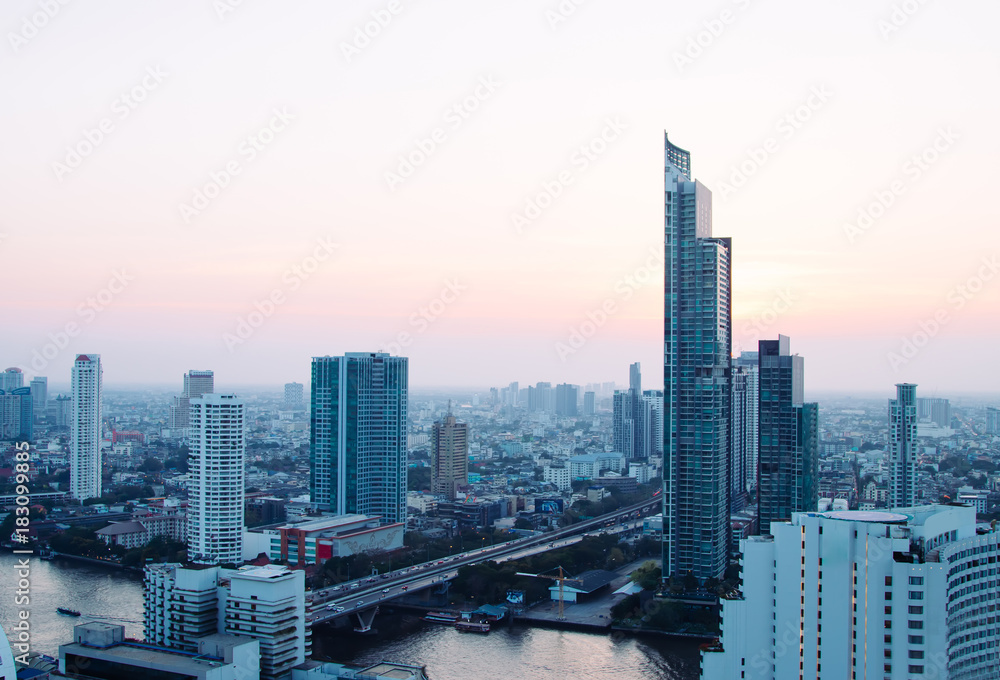 Bangkok view with soft beautiful sunset light . megapolis, buildings, asia, river. summer