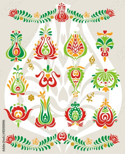 Floral vector ornament in eastern Europe ethnic folk fashion set