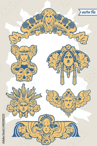 Decor elements of art nouveau building in vector illustration and ornament mascaron head figures
