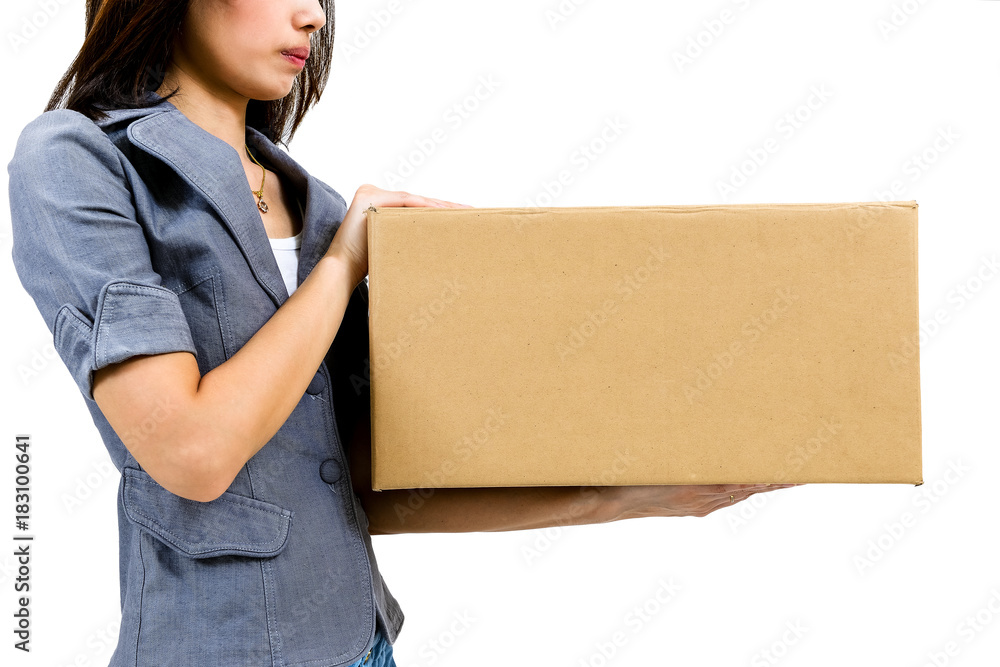 Worker carrying closed cardboard box isolate on white background Worker carrying closed cardboard box isolate on white background