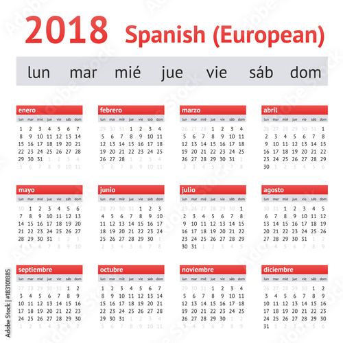 Calendar 2018  Spain . European Spanish Calendar. Week starts on Monday