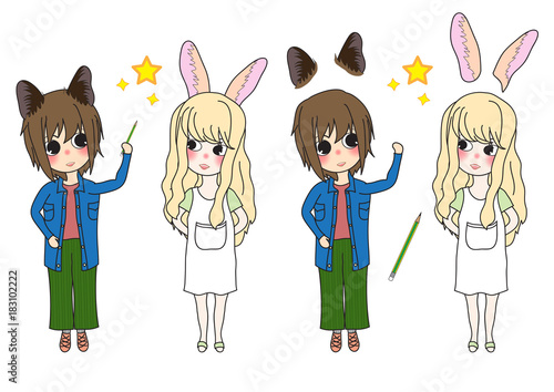 Rabbit and Cat Girl Looking Up and Pointing at Star.
