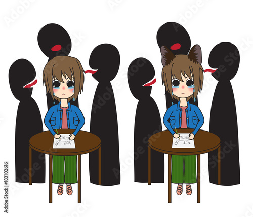Short Hair Girl with Cat Ears Crying was Bullied by Group of People