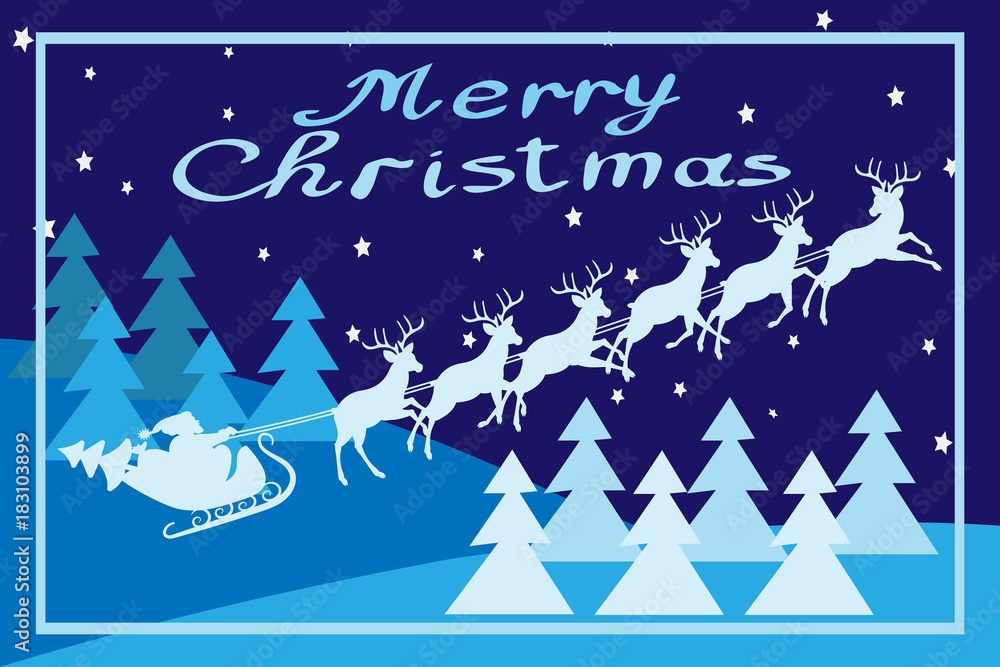 Santa Claus sits in a sleigh, dressed with deer. Christmas decor, Christmas trees, stars. Template, greeting card. Vector illustration. Santa Claus sits in a sleigh, dressed with deer. Christmas decor, Christmas trees, stars. Template, greeting card. Vector illustration.