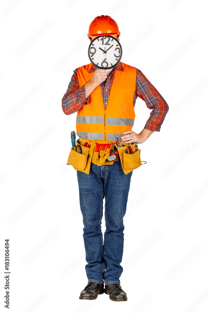 male builder in a helmet holdig big clock male builder in a helmet holdig big clock