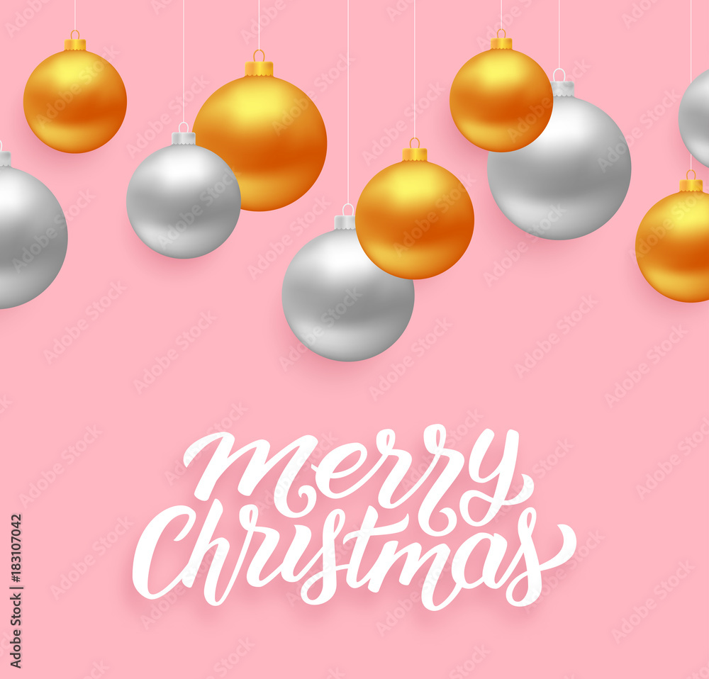 Merry Christmas lettering with golden and silver color balls on pink background. Greeting card design with seasons greetings. Vector illustration