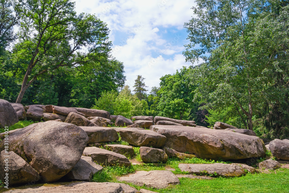 Trees and stones. View of park Sofiyivka in Uman city, Ukraine