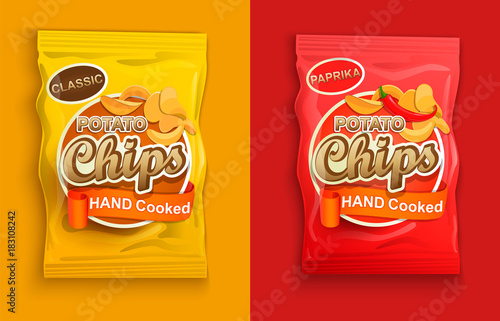 Set of two packaging with chips, classic and with paprika. Vector illustration.
