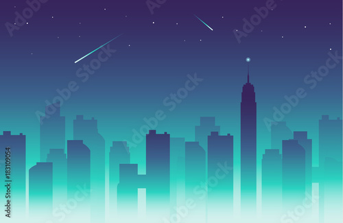 Vector simple city landscape with silhouettes of high buildings and blue sky with falling stars - seamless background