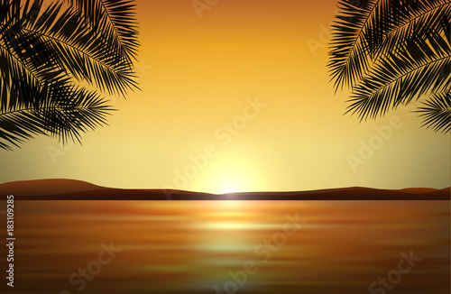 Vector realistic landscape with sunset by the sea in tropical paradise and silhouettes of palms