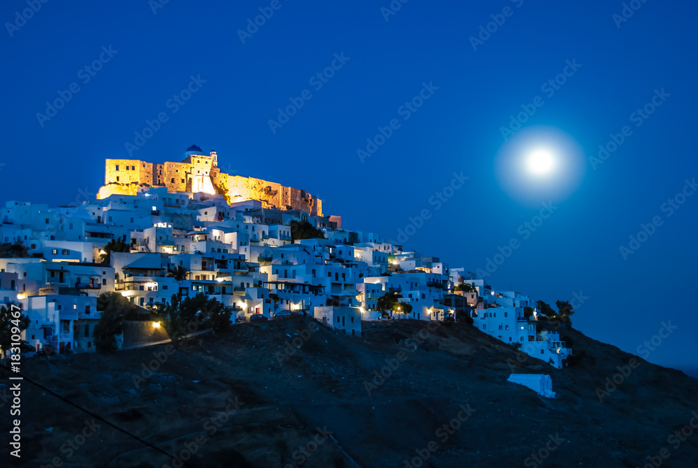 Panoramic view of  the Venetian castle on a full moon night in Astypalaia, an Aegean island of Greece