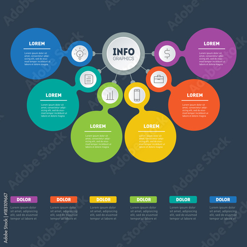 Business presentation or infographics concept with 6 options.Web Template of a info chart or diagram. Vector infographic template of technology or education process with 6 parts on dark background.