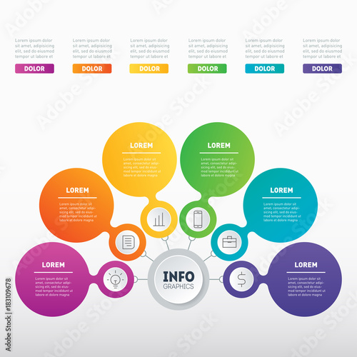 Business presentation or infographics concept with 6 options. Part of the report. Web Template of a info chart or diagram. Vector infographic template of technology or education process with 6 parts.