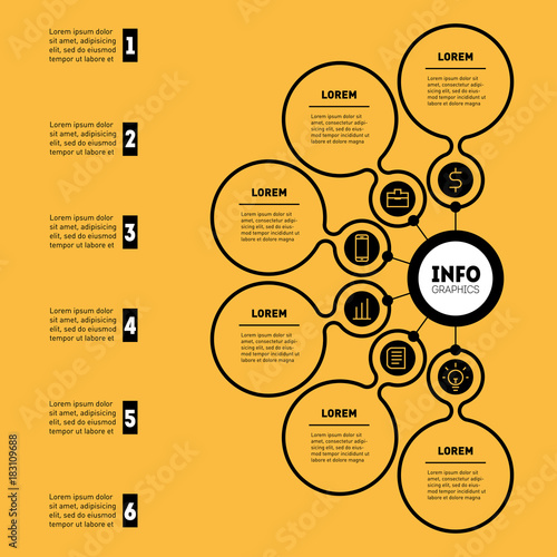 Business presentation or infographic with 6 options. Web Template of a chart, mindmap or diagram. Vector dynamic infographics or mind map of technology or education process with 6 steps.