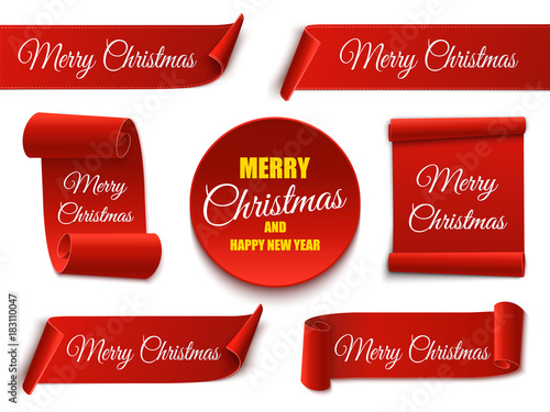 Christmas banners isolated. Set of red scrolls. Vector template photo