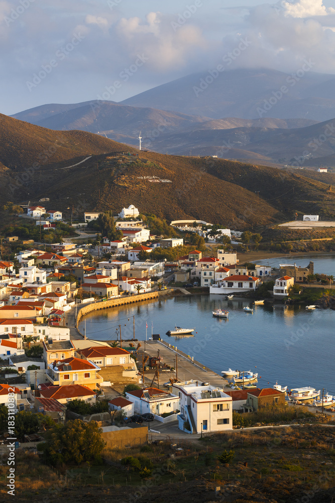 Morning view of Psara village and its harbour.
