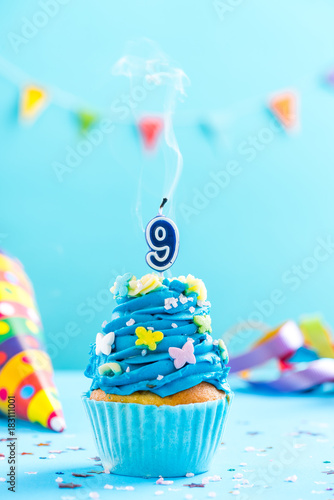 Ninth 9th birthday cupcake with candle blow out.Card mockup.