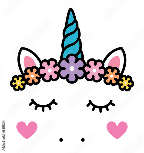 Cute unicorn face with pastel rainbow flowers isolated
